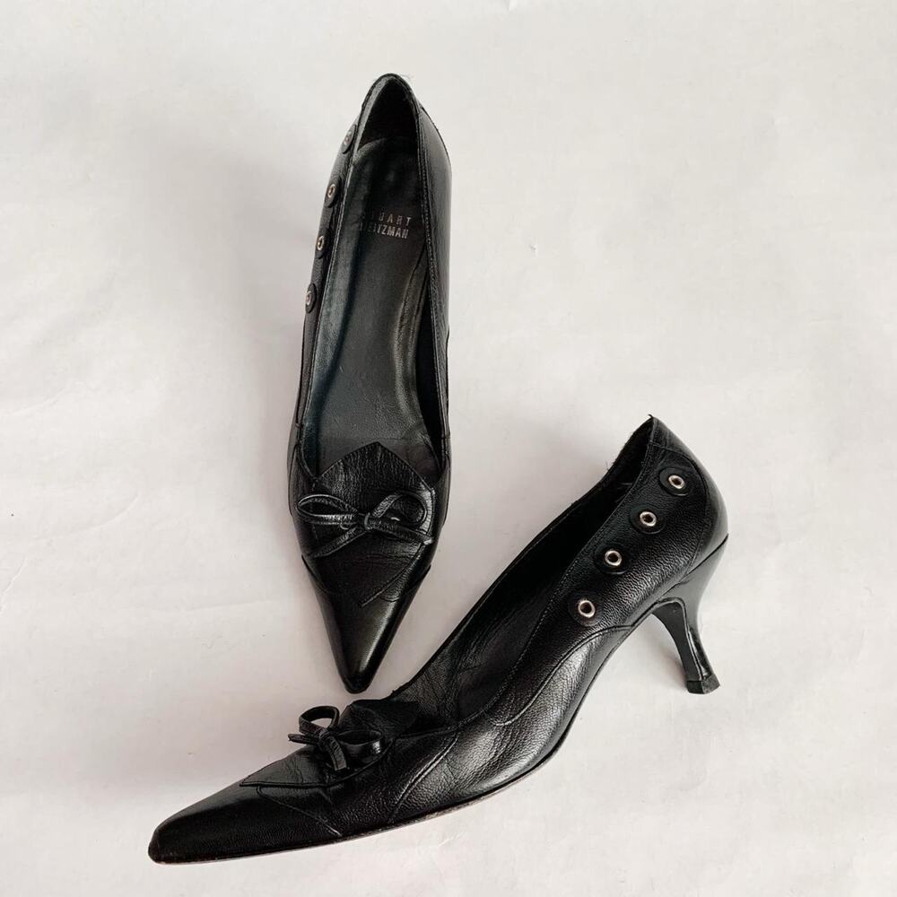 Stuart Weitzman Black Leather Bow Kitten Heels Size 9